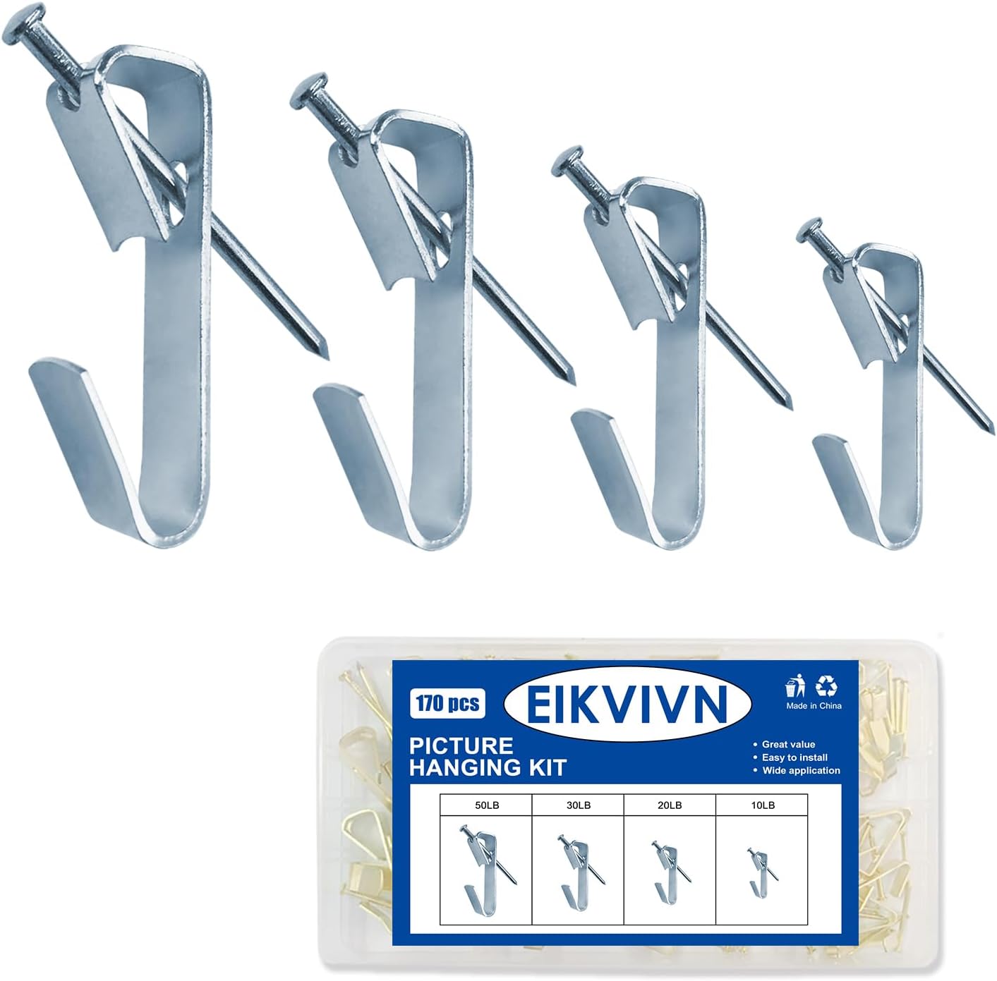 Picture Hangers Holds 10-50lbs, 170pcs Picture Hanging Kit, Eikvivn Picture Hooks with Nails, On Dry Wall, Wooden Wall