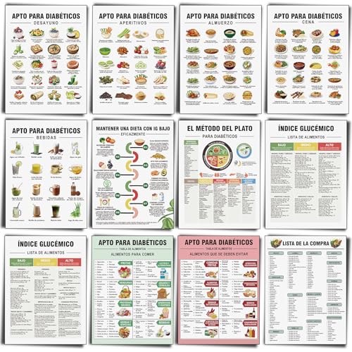 Image of Sinload 12 Pcs Spanish Diabetes Food List Poster Diabetic Food Chart Nutrition Poster for Blood Sugar Control and Management