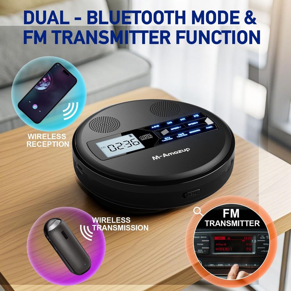 Reproductor de CD Discman Multifuncional con Bluetooth, FM, Auriculares, Repetidor, Máquina de Aprendizaje y Altavoz Estéreo USB Negro.