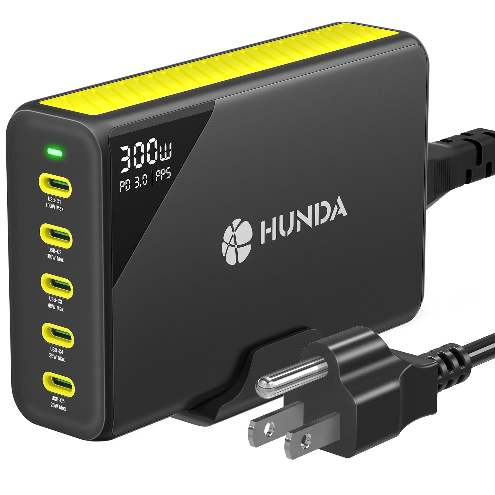 HUNDA 300W USB C Charger GaN Charging Station Desktop 5 Ports PD 100W Fast Power Adapter Support PD3