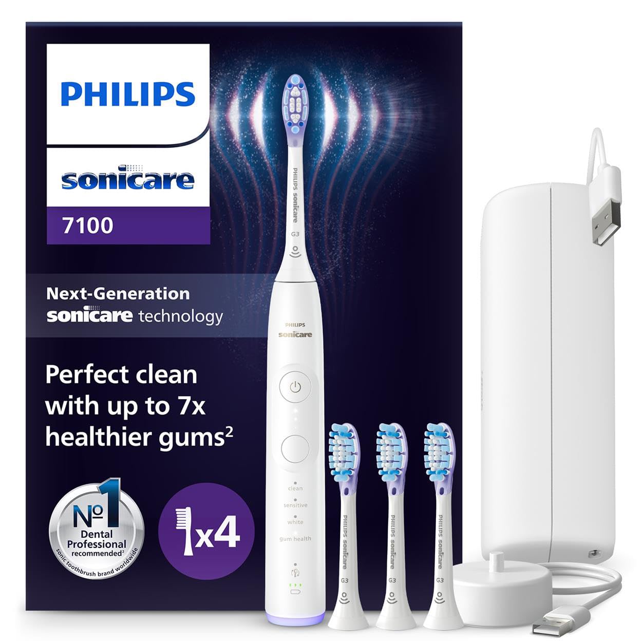 Philips Sonicare 7100 Electric Toothbrush, Sonic Toothbrush with App, 4 Brushing Modes and 3 Intensity Levels, Pressure Alert, EasyStart, SmarTimer, White, Model HX7420/08 [New Technology]