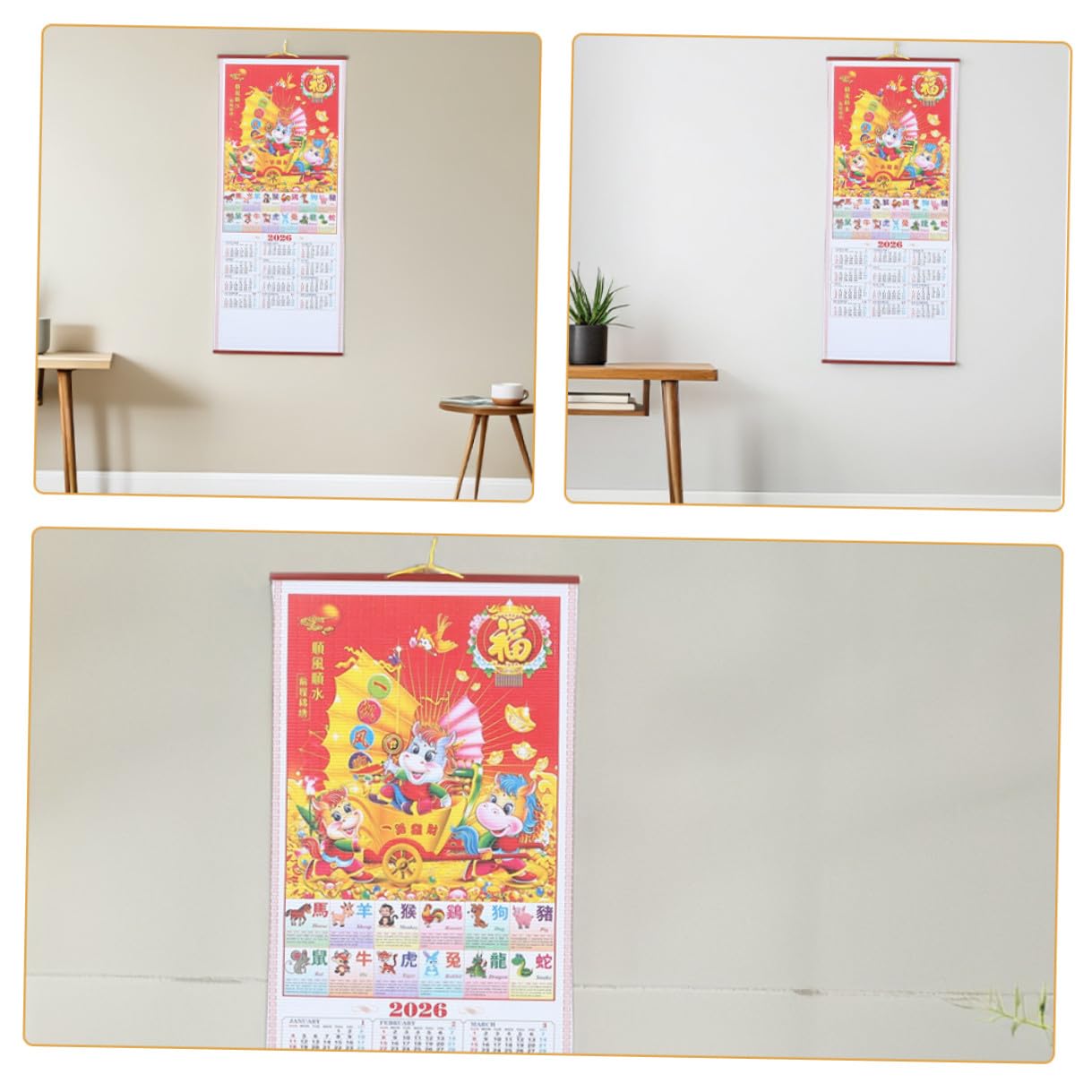 6 Pezzi Calendario da Parete in Finto Rattan 2026 Anno del Cavallo, Planner Lunare Sospeso Decorativo per Casa e Ufficio, Set 2 Pezzi Rotolo Tradizionale Cinese
