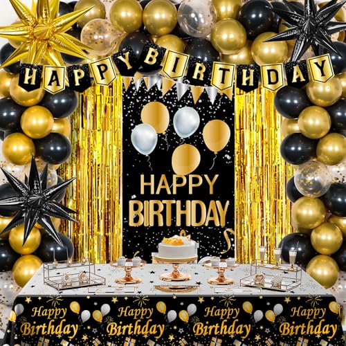 Black and Gold Birthday Decorations for Men Women Black and Gold Party Decorations with Happy Birthday Door Banner Backdrop Tablecloth Tinsel Curtains Balloon Arch Mens Boys Bday Party Supplies
