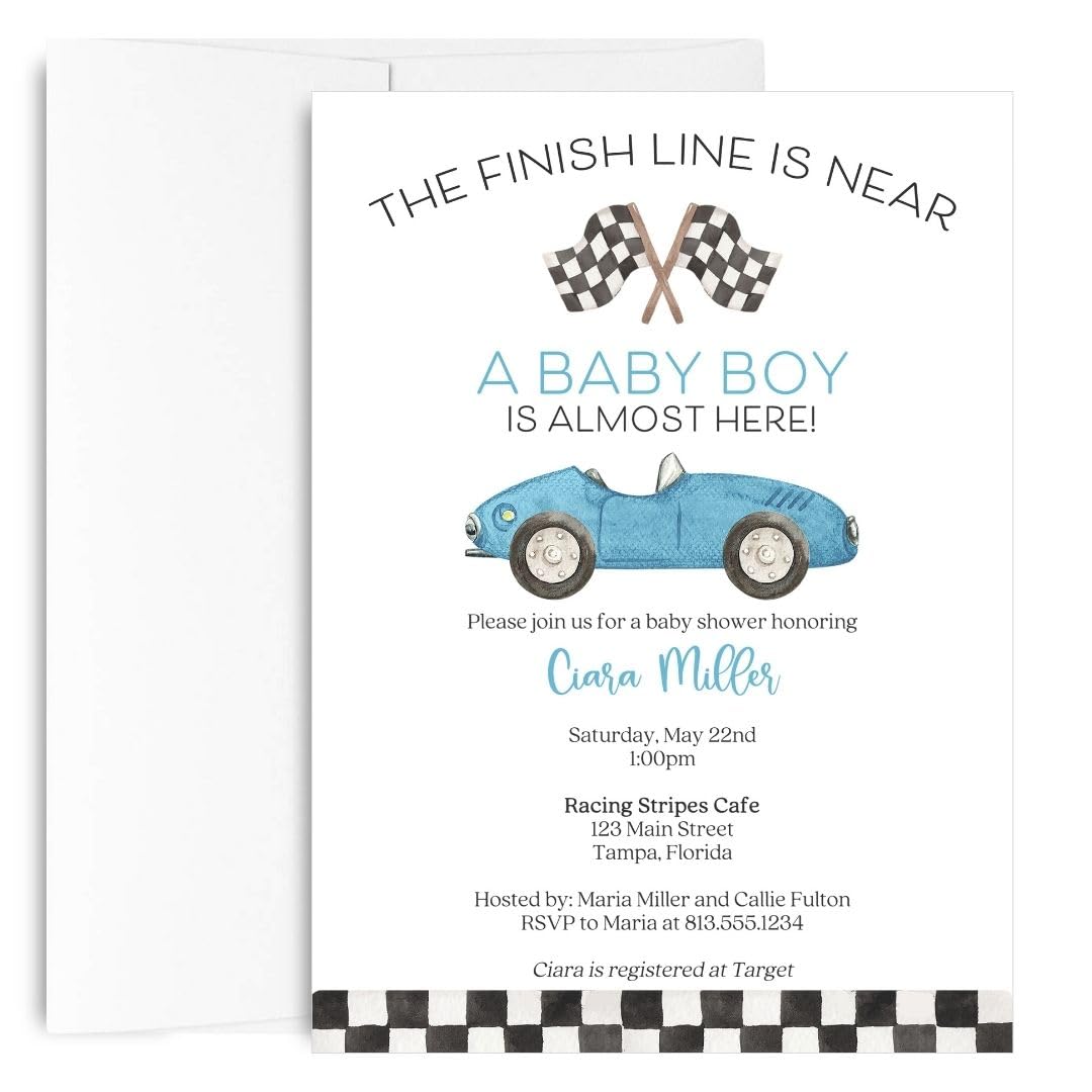 The Invite Lady Race Car Baby Shower Invites for Boy Classic Customizable Racecar Invitations (12 Count)