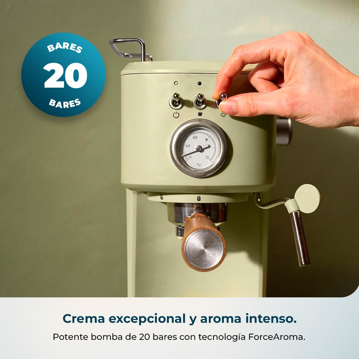 Cecotec Cafetera Espresso Power Espresso 20 Retro Green Elite. 1100 W, 20 Bares, Vaporizador Orientable, Brazo Portafiltros con Doble salida y 2 Filtros, 1,25 Litros