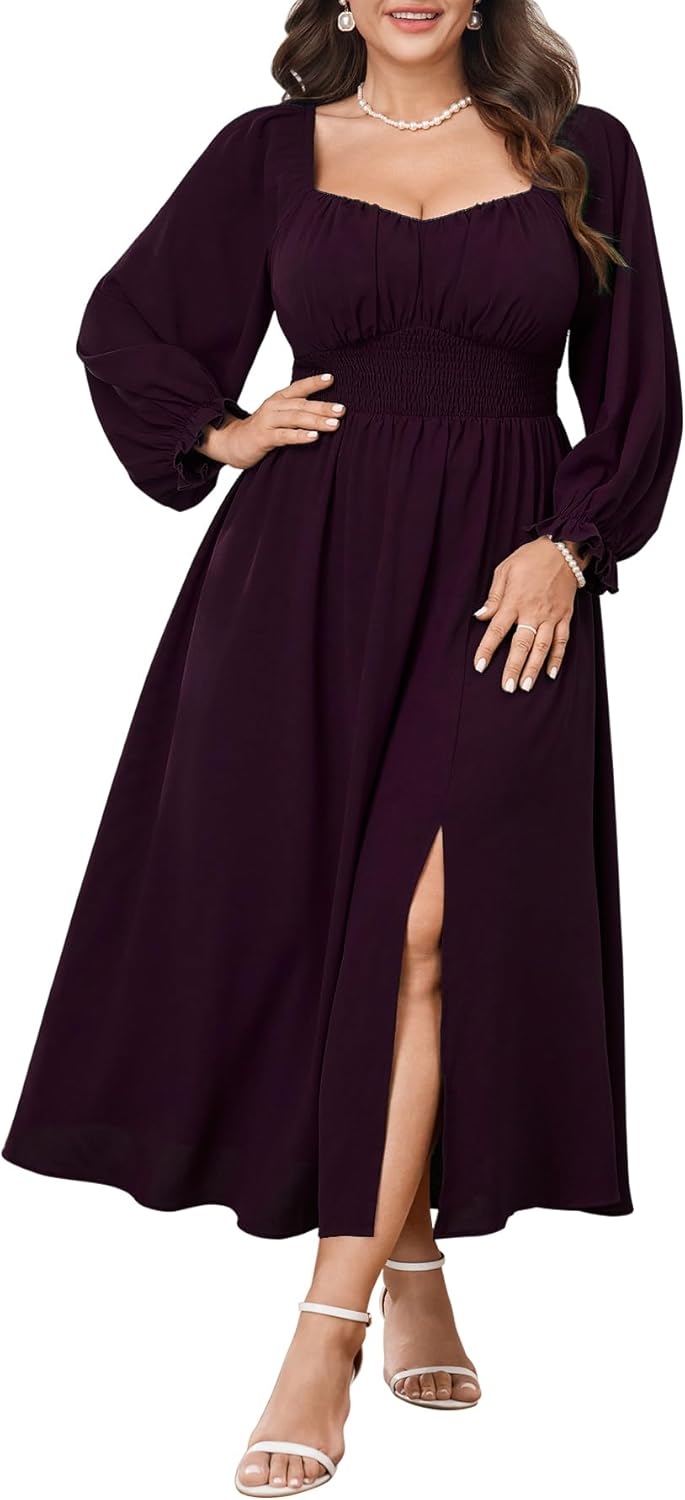 Plus Size Maxi Dresses for Curvy Women Long Sleeve Sweetheart Neckline Smocked Fall Wedding Guest Cocktail Dress Slit