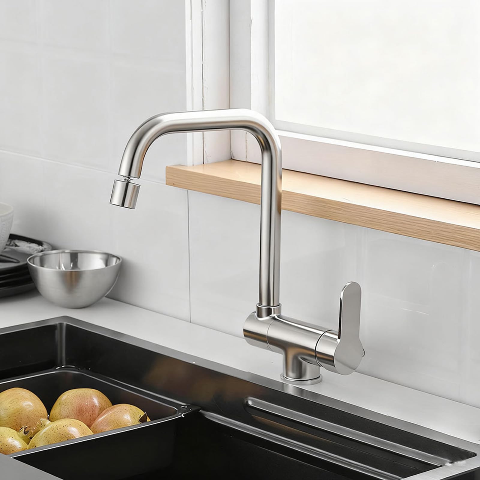 Kitchen Taps Folding for Inside Window, Tap Sink Mixer Brass 360° Swivel-Brushed