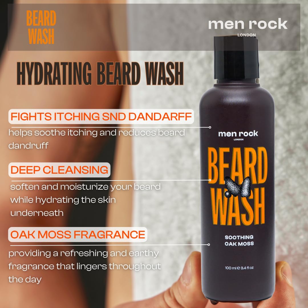 Men Rock Beard Care Gift Set with Beard Wash, Beard Balm and Beard Oil to Keep Beard Under Control, Earthy Oak Moss Fragrance 2 x 100ml, 1 x 30ml