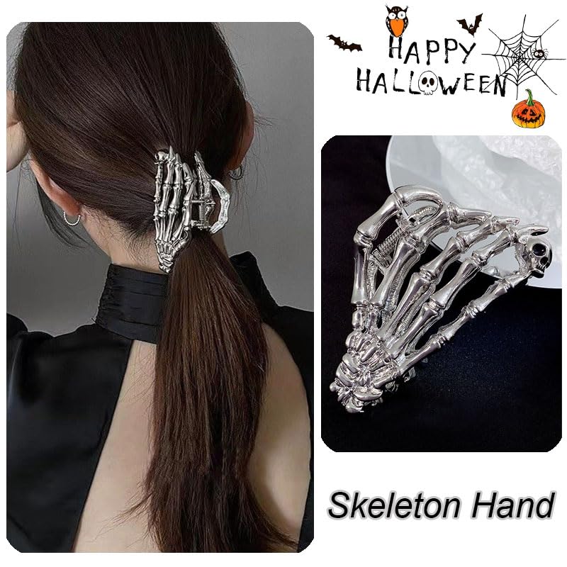 Alloy Skull Hand Hair Claw Clips - Funny Punk Strong Hold for Thick and Thin Hair, Metal Silver Non-Slip Hair Accessories for Halloween Party Gift - Image 4