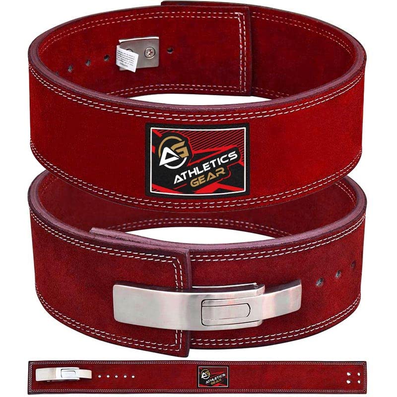 Weight Lifting Belt by AG - 4-inch Wide & 8mm Thick Leather Weightlifting Belt with LEVER Buckle – Gym Lifting, Powerlifting, Workout, Weight Belt for Men & Women (Red, Medium)