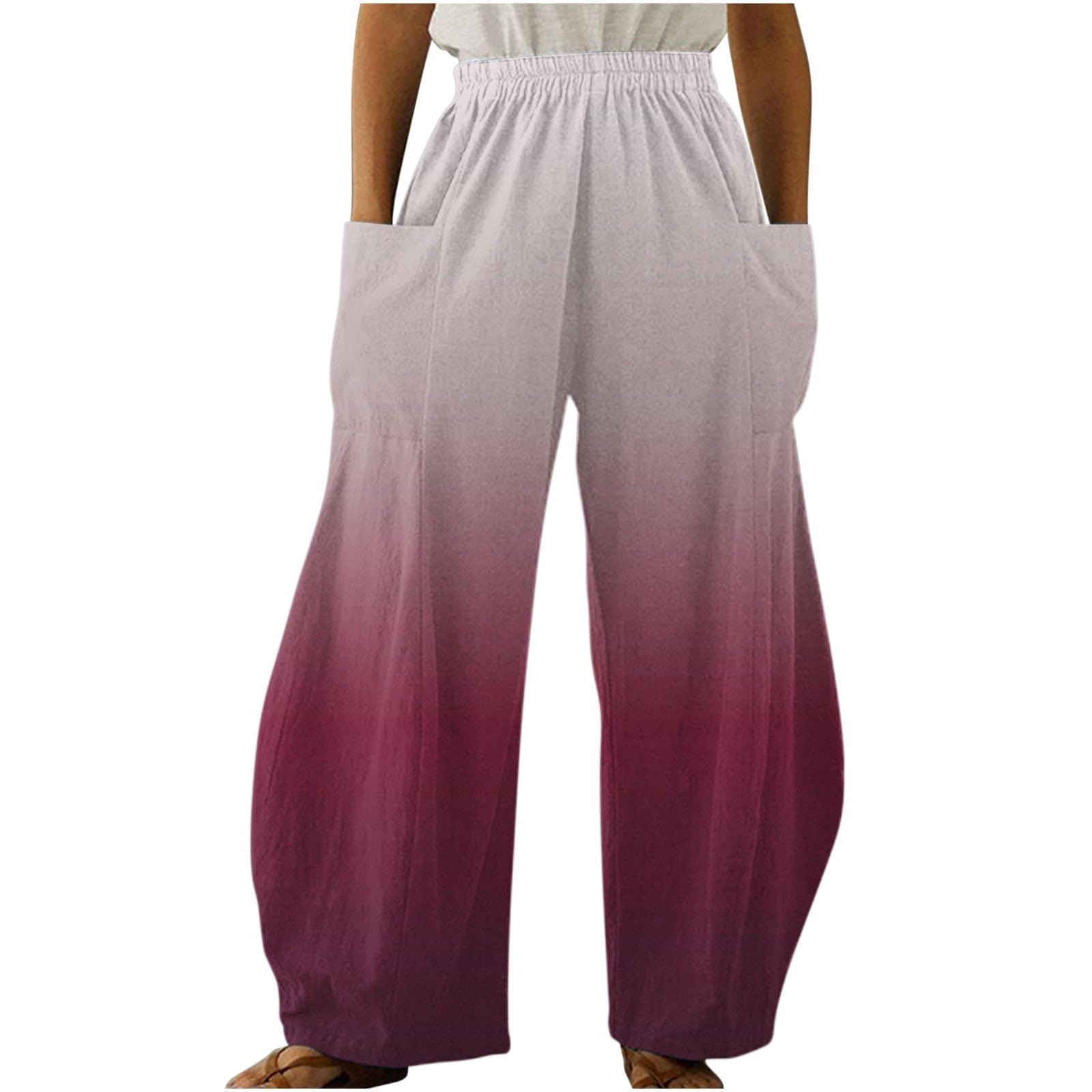 HADST Women Summer High Waisted Pants Elastic Cotton Linen Wide Leg Y2K Palazzo Long Lounge Pants Trousers with Pockets