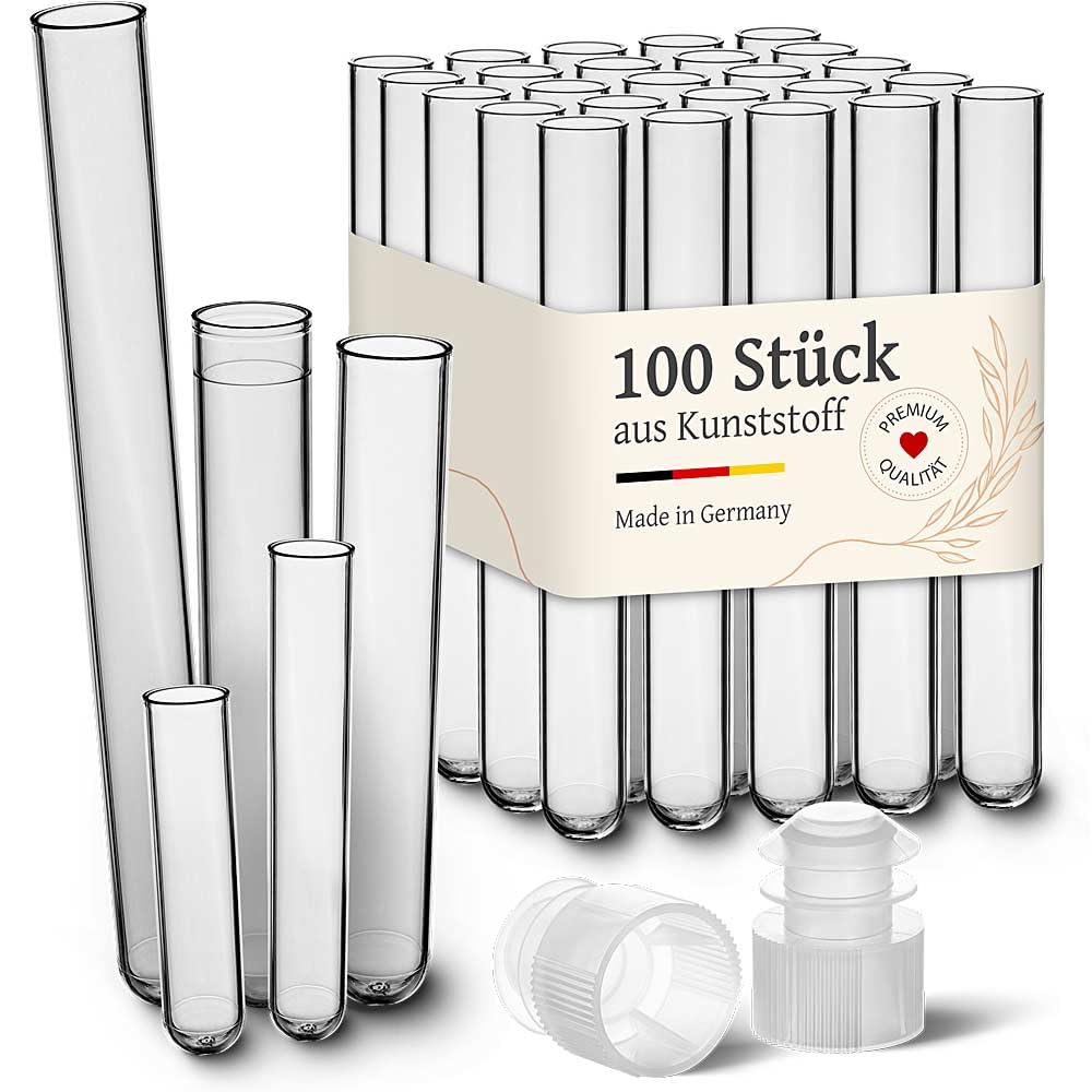 Tuuters 100 Stück Plastik Reagenzgläser mit Verschluss Röhrchen aus Kunststoff (150x Ø 16mm) Plastikröhrchen