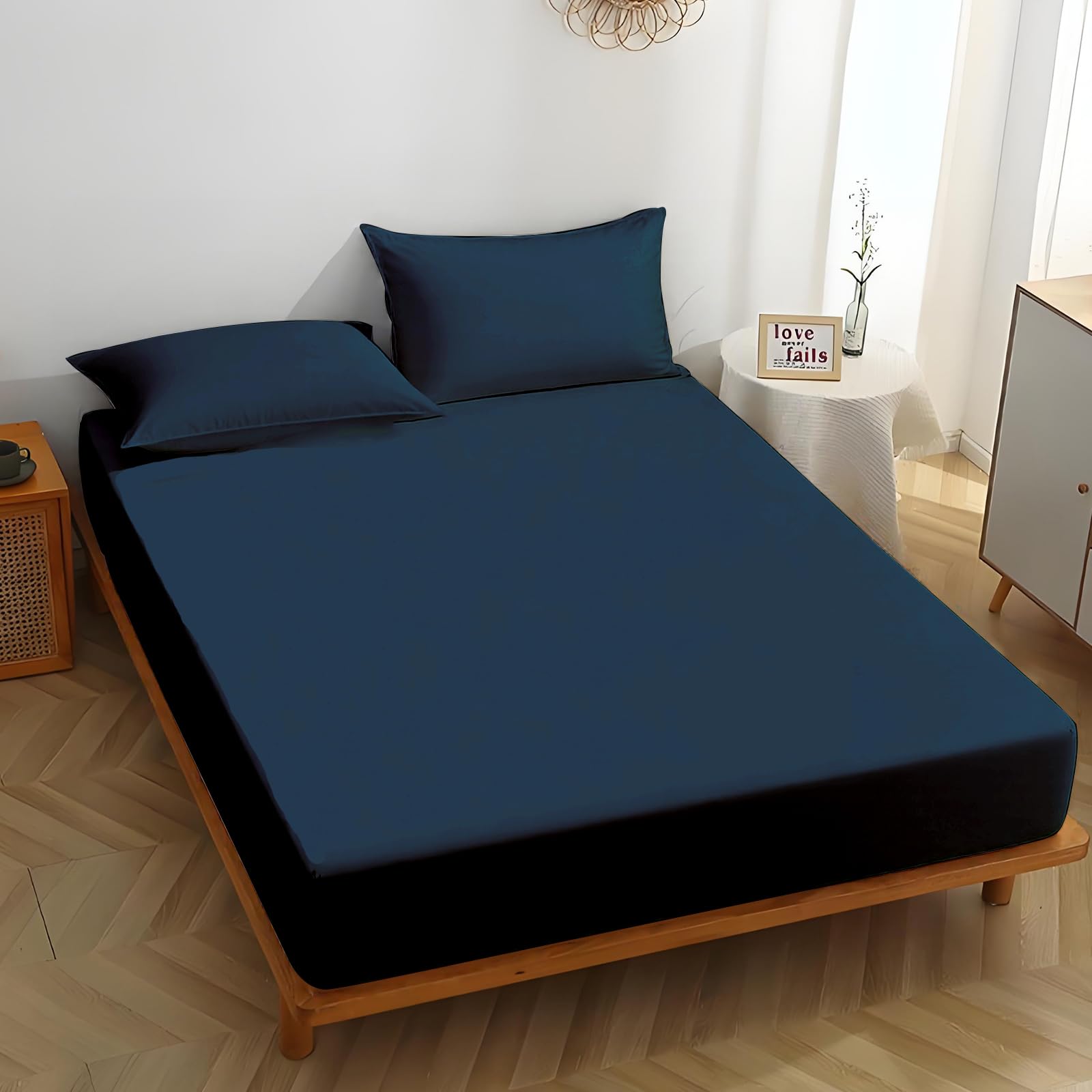 MIKI WELL Double Fitted Sheet Deep - Navy Blue Bottom Sheet Extra Deep Pocket 16 inch 40 cm, Soft Microfiber Double Bed Sheet Wrinkle Resistant & Breathable