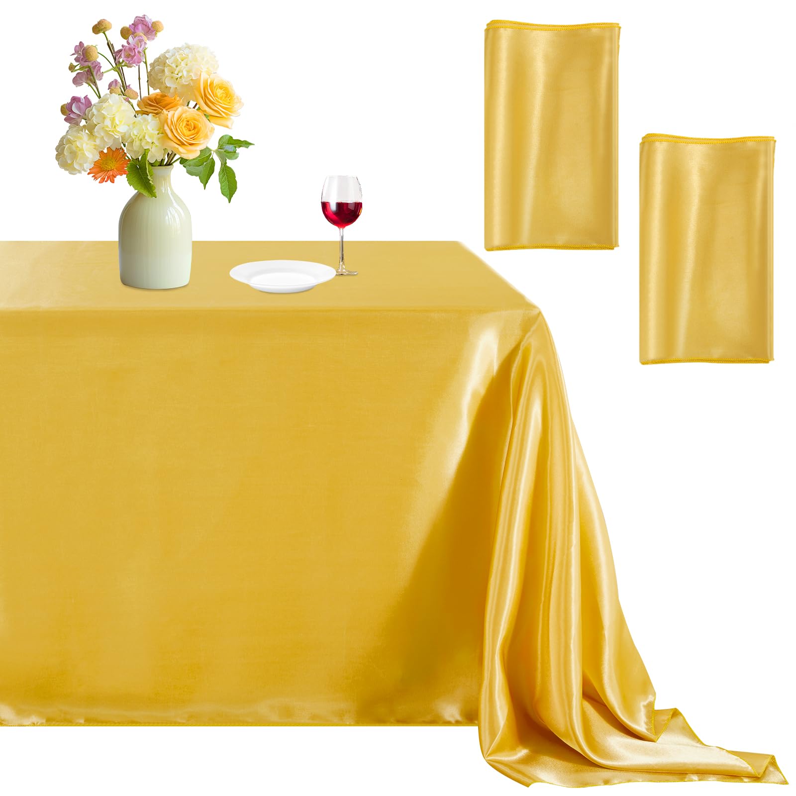 B-COOL Gold Satin Tablecloth Party Decoration 57x120inch 2 Pack Romantic Rectangle Bright Silk Table Overlays for Wedding Ceremony