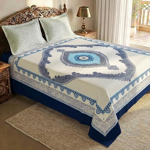 Image of Story@Home Rajasthani Heritage Jaipuri Sanganeri Handblock Print Double Bedsheet 250x225 cm & Pillow Covers | Cotton Feel 240 TC Soft Fabric | Blue White Ethnic Motif | Breathable & Wrinkle Resistant