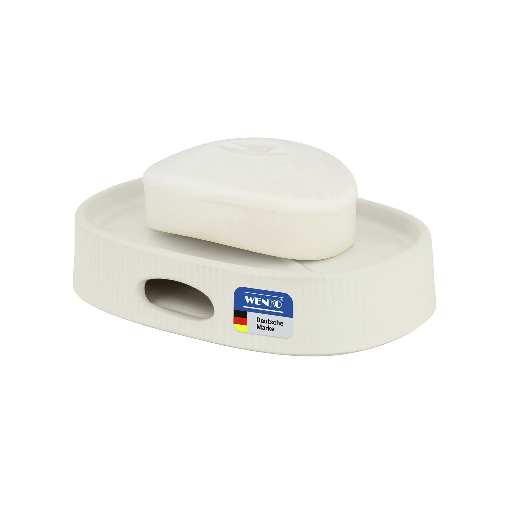 WENKO Fablo Soap Dish Ceramic with Groove Look, Freestanding Soap Holder with Drain Hole, Soap Dish for Bathroom and Guest Toilet, Matte Cream