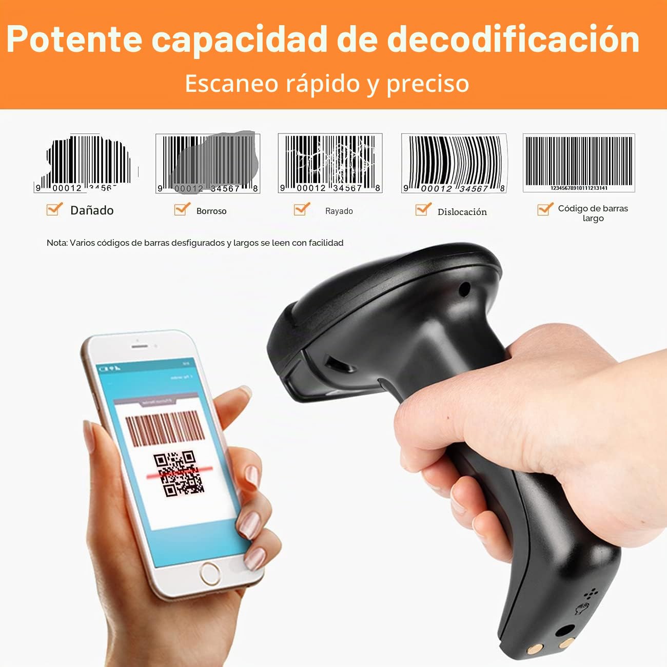 Tera Escáner de código de Barras 2D QR inalámbrico con Base de Carga USB Lector de códigos de Barras de Mano Escaneado rápido y preciso 2D QR 1D códigos de Barras 3en1, D6100-NEW