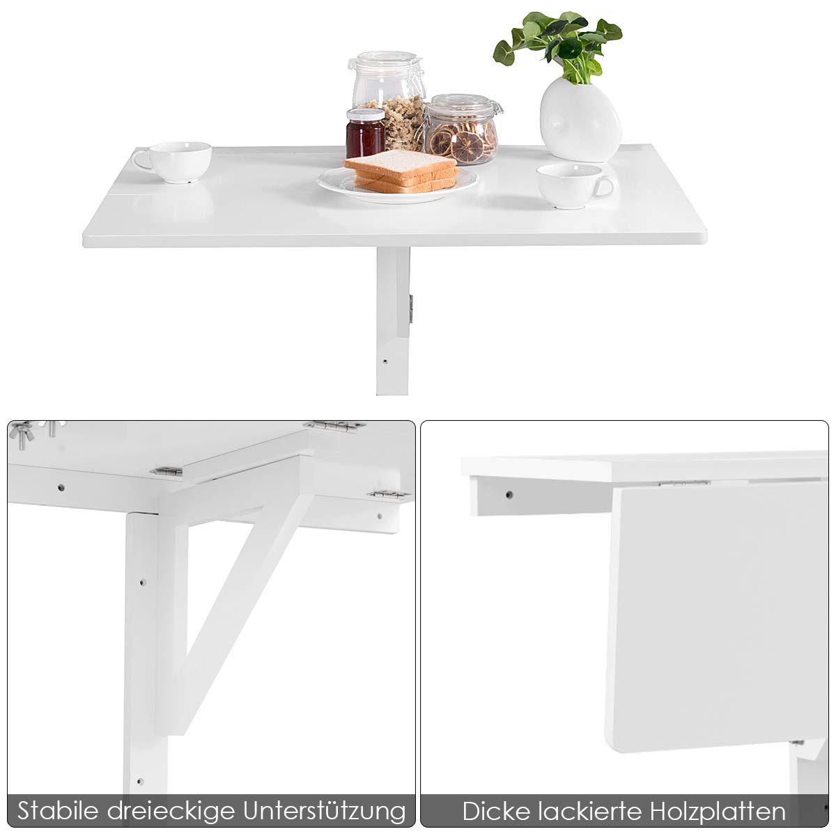 RELAX4LIFE Wandtisch klappbar, platzsparender Esstisch, Schreibtisch für Esszimmer & Studierzimmer, Stabiler Klapptisch Wandmontage, Wandklapptisch aus Holz bis zu 40 kg belastbar, 80 x 60cm (Weiß)