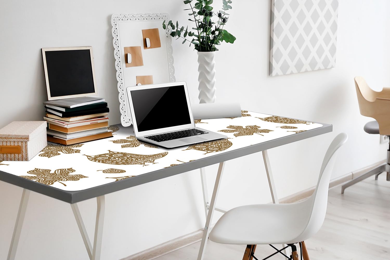 Tappetino da Scrivania 100x50 cm Protezione e Decorazione in Vinile PVC Antiscivolo Impermeabile Facile da Pulire Superficie Protettiva per Ufficio e Casa - Foglie e gufi