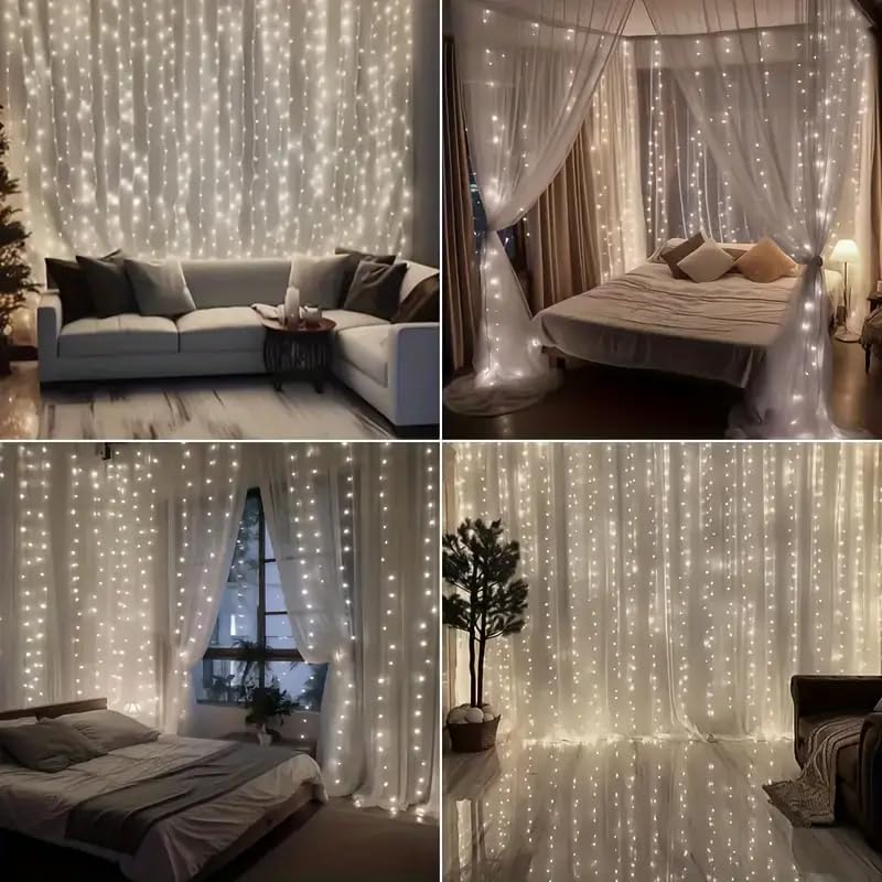 Image of 300 LED Warm White Fairy Curtain Lights - 3m USB Plug-in String Lights with Remote Control, 8 Modes for Indoor /Outdoor Use - Perfect for Bedroom, Weddings, Parties, and Holiday Decor (2, White)