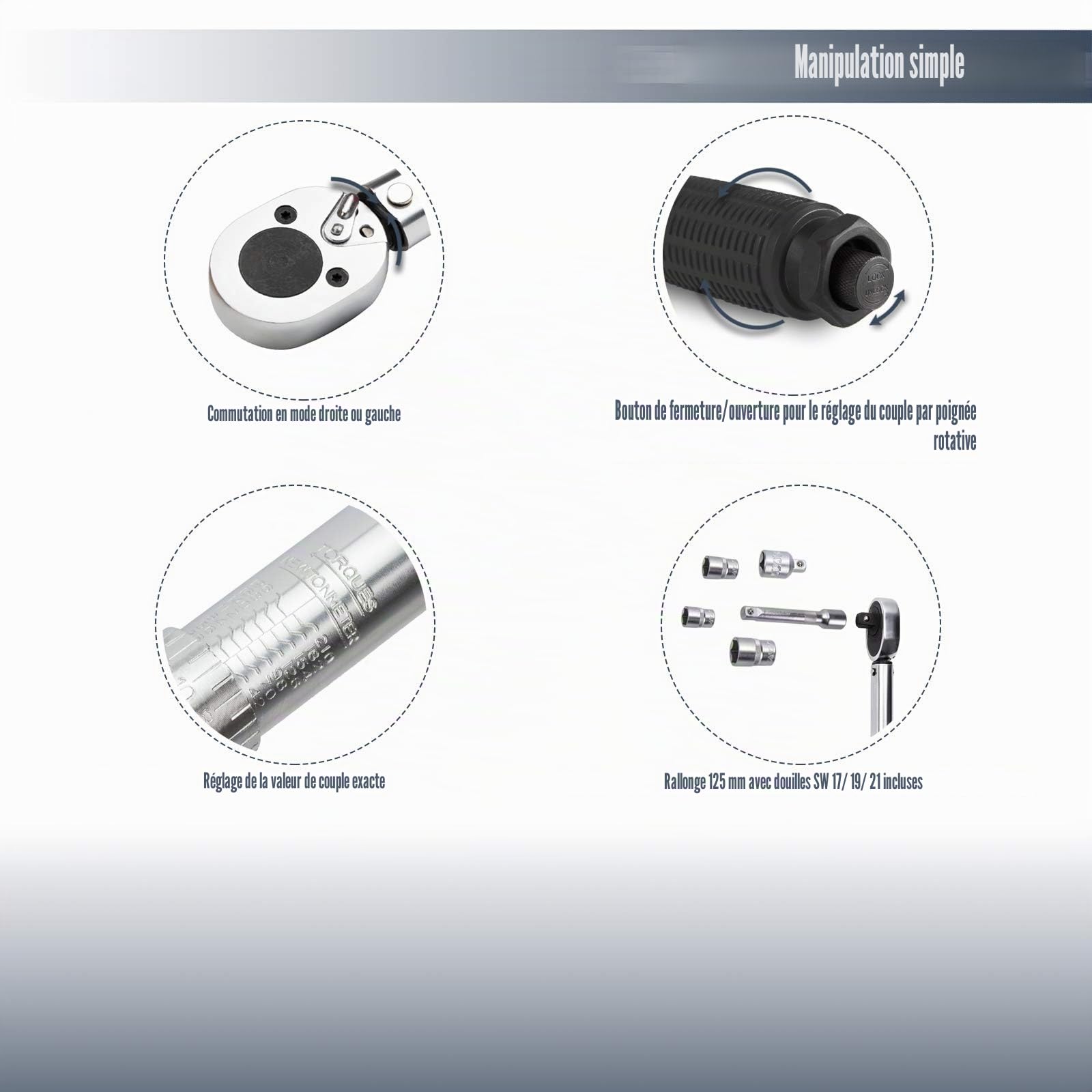 HASKYY 1/2" Clé dynamométrique 28-210 Nm I Convertisseur de Couple I Cliquet réversible Carré d'entraînement Torque Clés àécrous