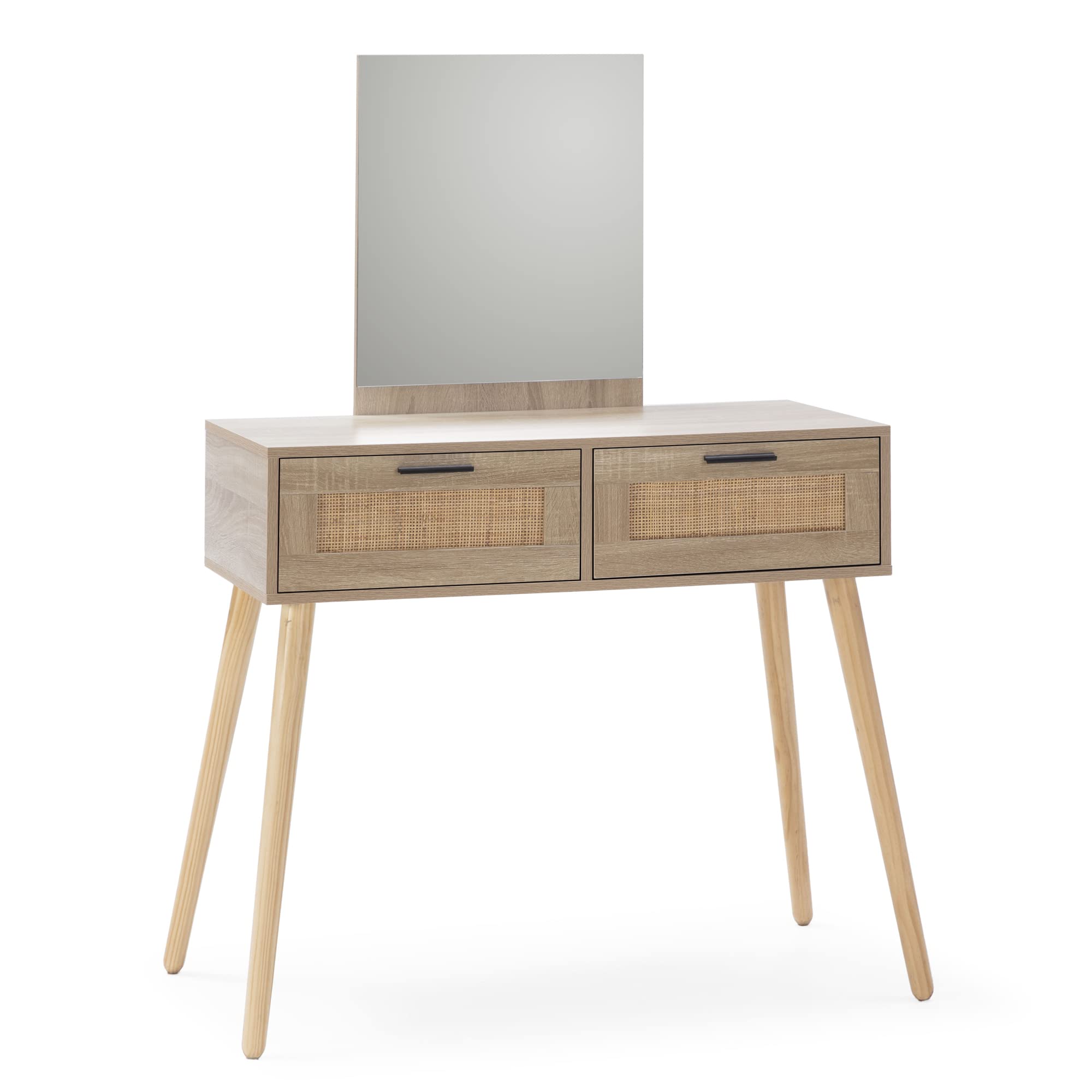 HOMN LIVING Recibidor Dalia con 2 cajones y 1 Espejo Color Roble y Ratán, Mueble de Entrada, 90 cm (Ancho) 41 cm (Profundo) 135 cm (Altura)
