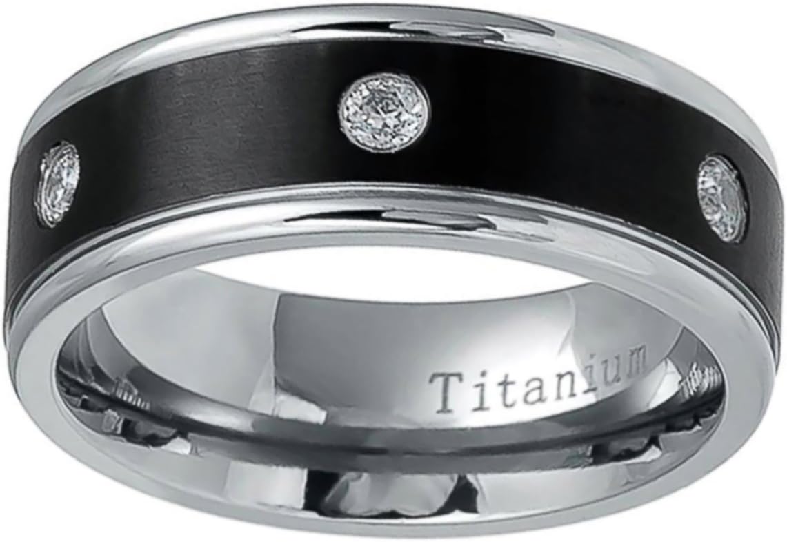 Titanium Wedding Band Ring 8mm Black Two Tone CZ Ring