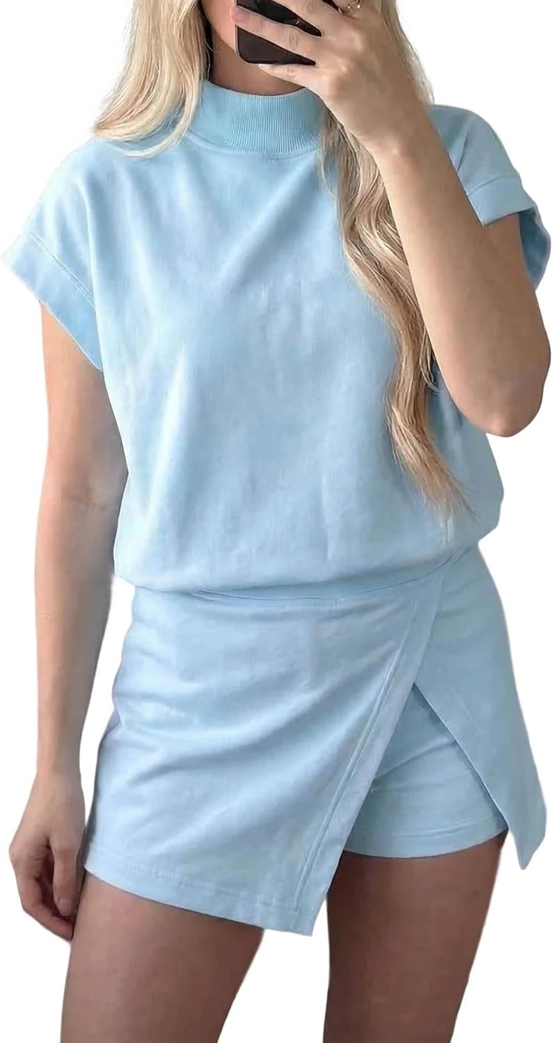 Women's 2 Piece Skort Set Solid Color Slevessless Round Neck Tank Top And Lined Split Skirt Set Matching Loungewear