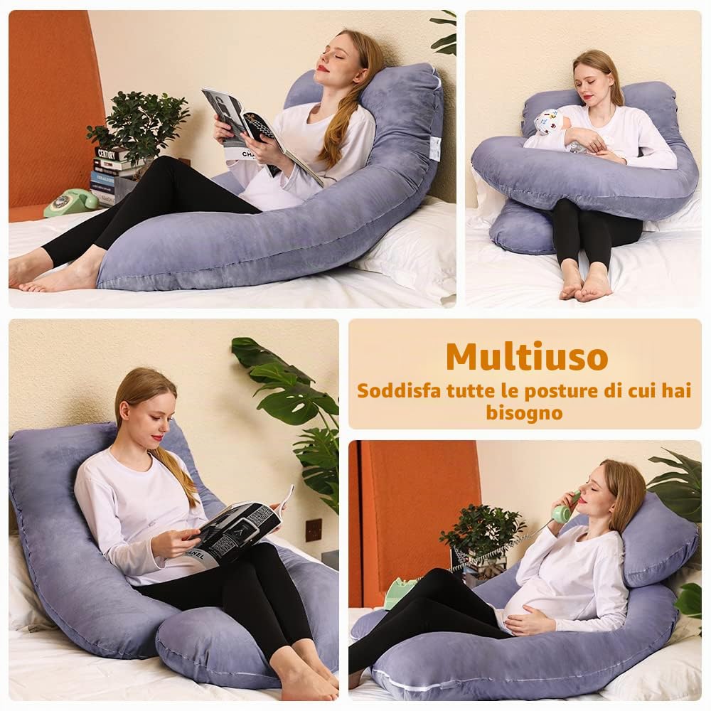 Chilling Home Cuscino Gravidanza, Cuscino per Chi Dorme Sul Fianco a Forma di J con Fodera, Cuscino a U,Cuscino per L'allattamento, Cuscino di Posizionamento Grande per donne,Grigio Blu