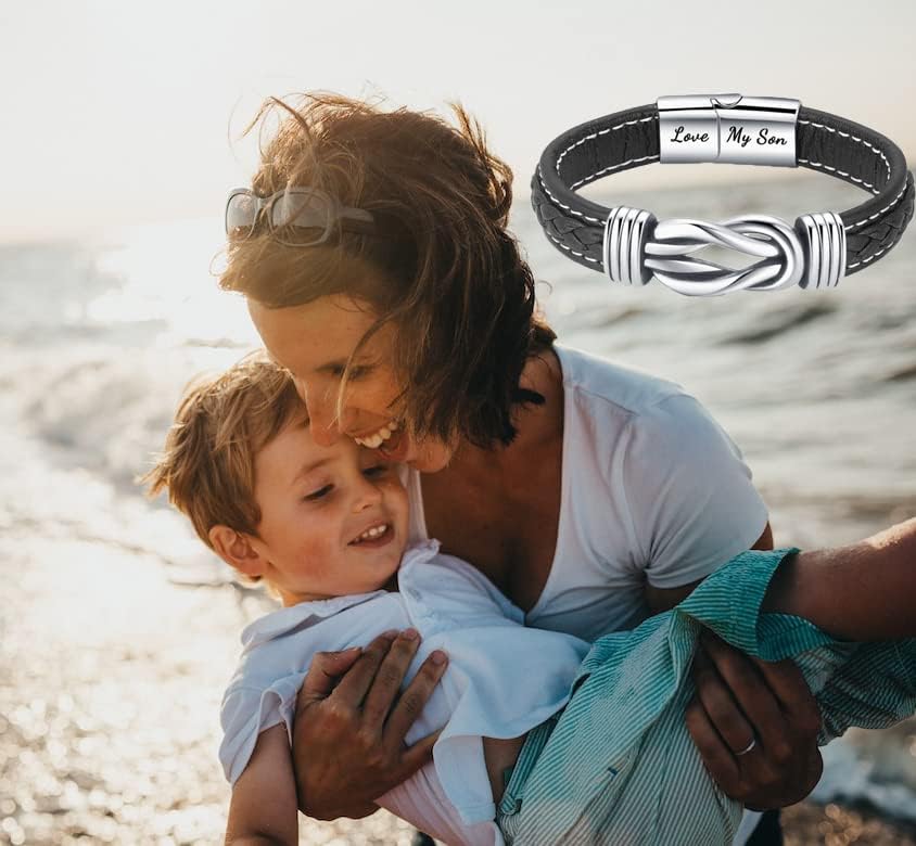 Miniatura 2 de Pulsera de cuero trenzado con texto en inglés To My SonTo My Grandson, pulsera inspiradora de acero inoxidable para hombre, regalos para hijo de