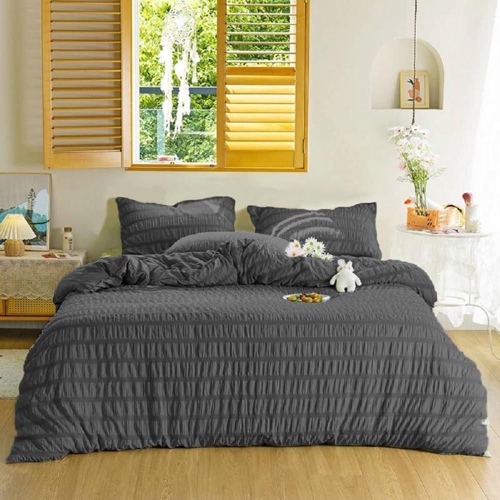 Luofanfei Seersucker Bed Linen 200 x 200 cm Dark Grey Grey Plain Summer