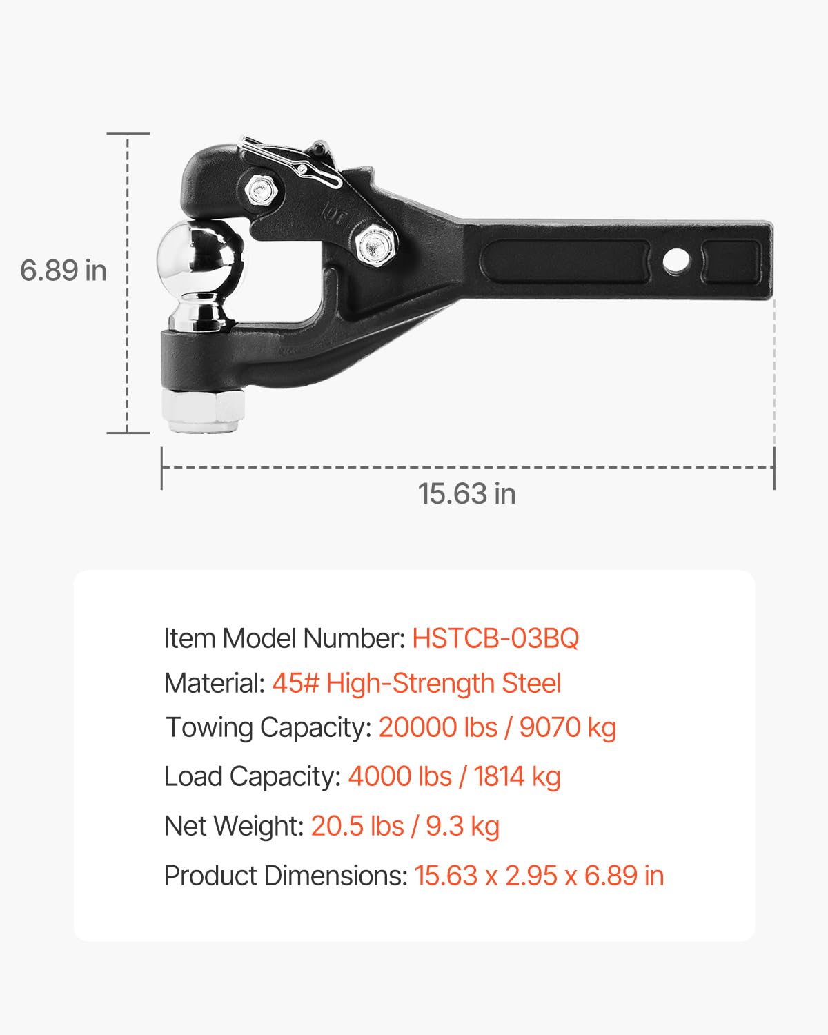 VEVOR Gancho de Enganche de 9070 kg para Receptor Militar de 2 Pulgadas, Bola de Enganche Combinada de 2-5/16 Pulgadas, se Adapta a Anillos de Luneta de 2,5"-3", Revestimiento de Polvo Negro