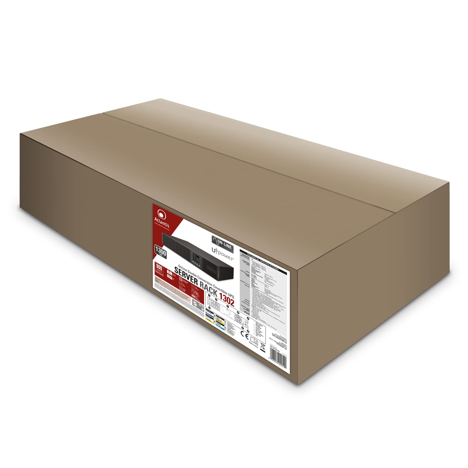 Atlantis A03-OP1302-RC UPS Online Doble conversión de Onda sinusoidal Pura 1300VA 900W, Servidor Rack, Pantalla LCD, USB, Serie RS-232, 8 Salidas IEC, Ranura SNMP, 2x12V-9Ah