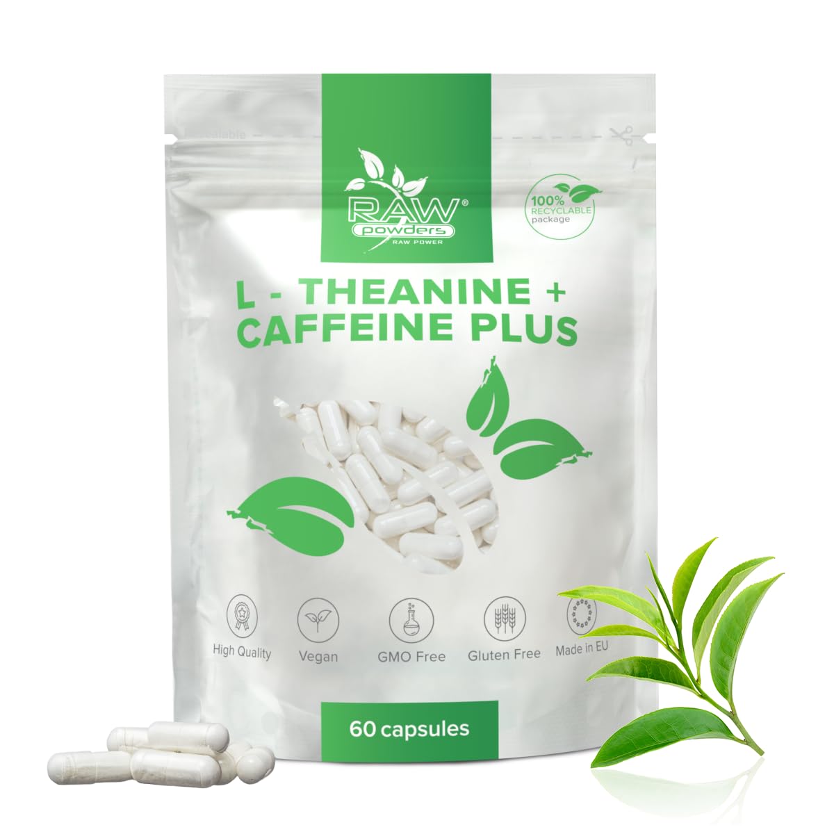 L-Theanine 250 mg + Caffeine 100 mg – Smooth & Balanced Energy – Focus, Productivity & Mental Clarity – High Strength Supplement – 60 Vegan Capsules – RAW Powders