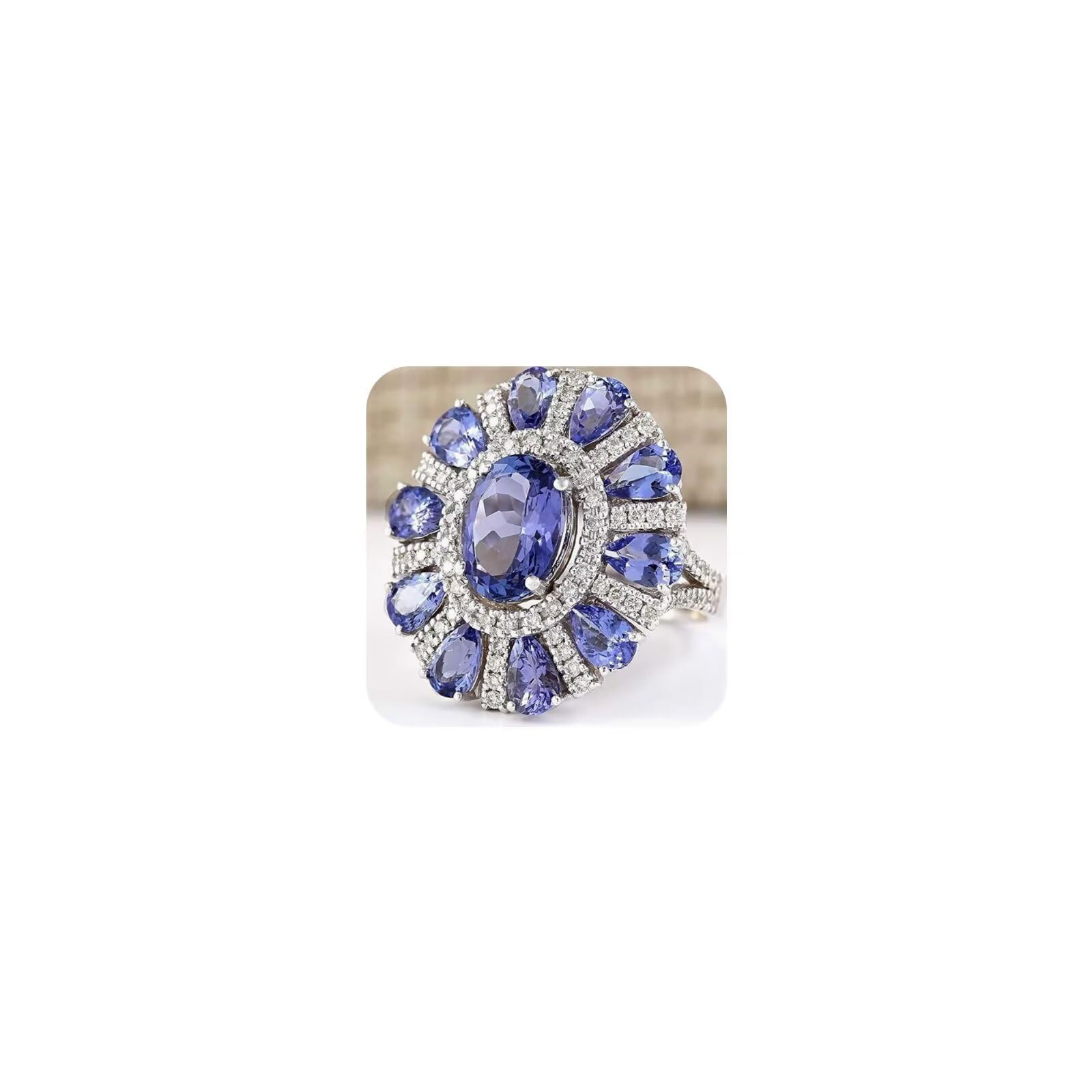 MAIHAO Women Elegant 925 Silver Blue Tanzanite Gemstone Flower Cluster Ring Engagement Size 6-10 (US Code 8)