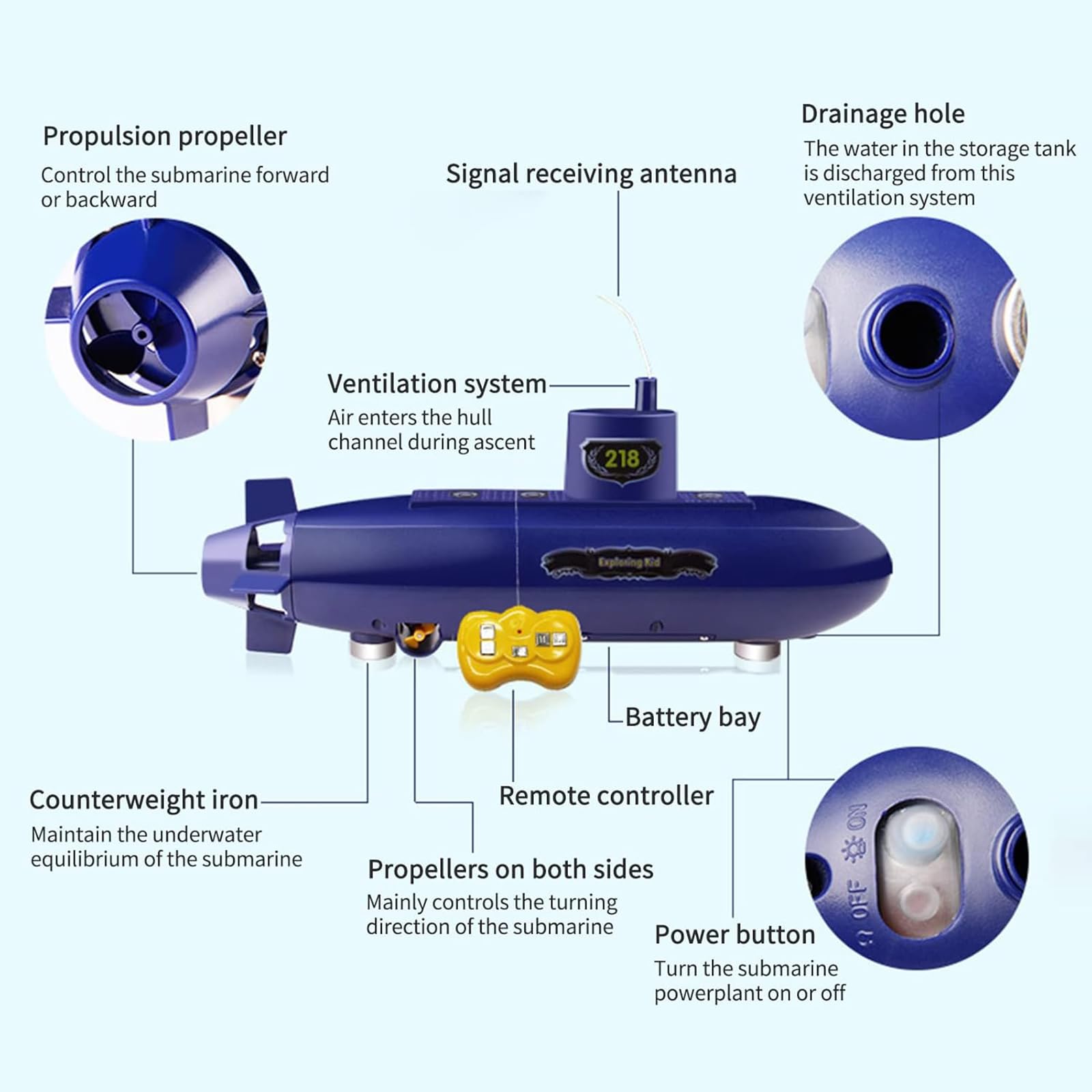 Genérico Mini Submarino RC de 2,4 GHz, Barco de Control Remoto, Barco RC de 6 Canales para Adultos
