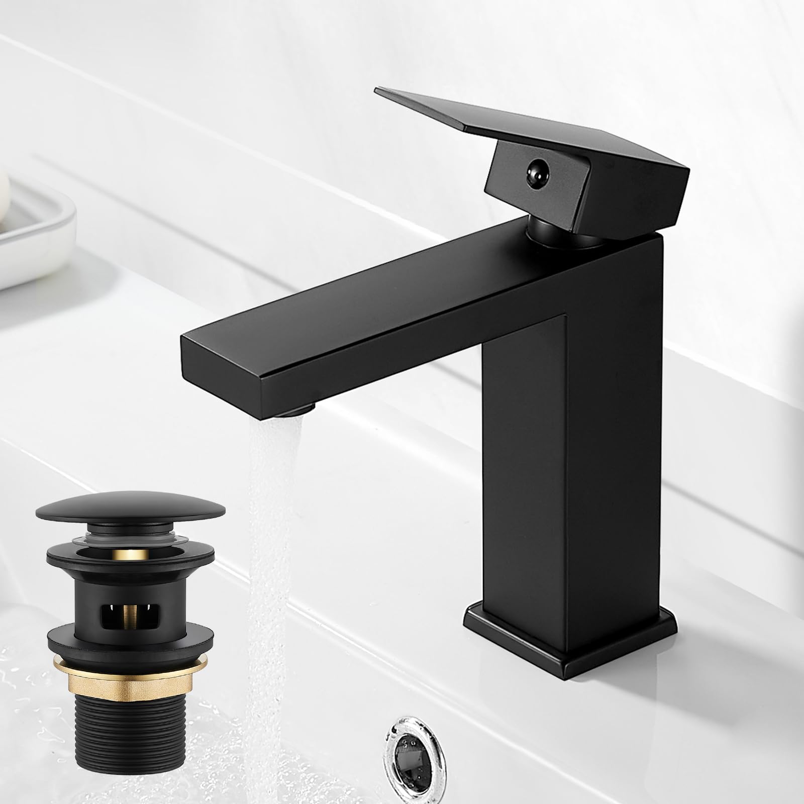 Grifo de baño negro, grifo de lavabo con desagüe desplegable, grifo monomando para lavabo, grifos de lavabo rectangulares con desagüe, acero inoxidable