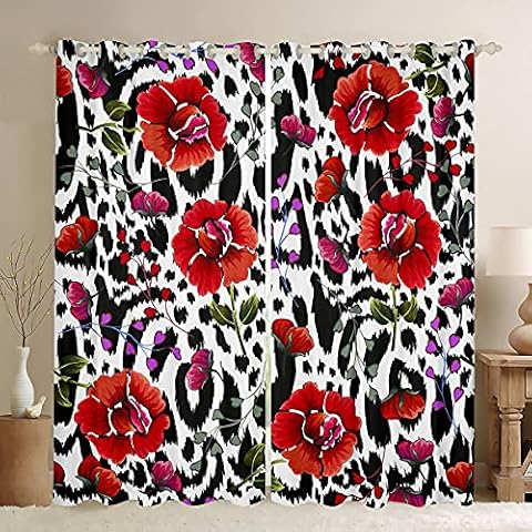 Manfei Floral Window Treatment Black White Leopard Print Window Curtains Red Flower Print Window Drapes for Bedroom Living Room Plastic Grommet Microfiber Fabric 2 Panel Set Curtains, 84Wx90L inch Cover