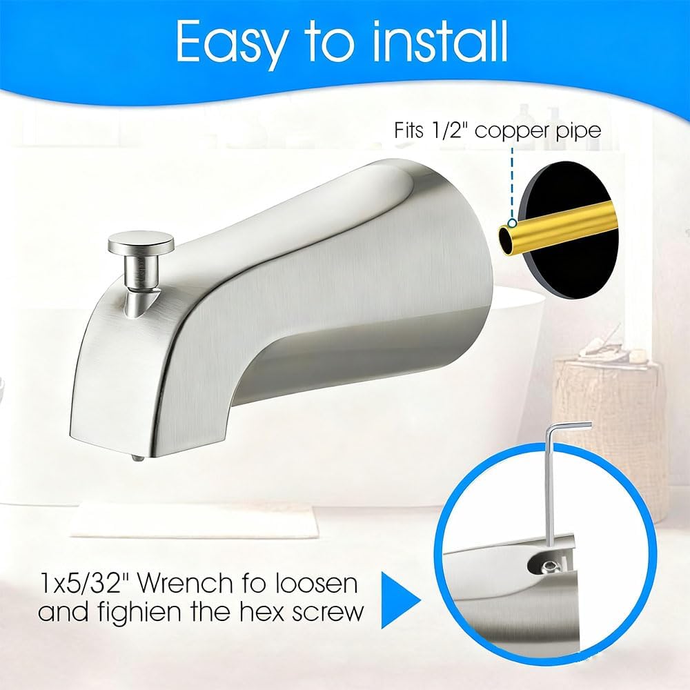 Bathtub Faucet Replacement with Diverter, Shower Tub Spout Replacement Fits 1/2" Copper Water Tube, Bath Tub Spout Slip-On 3/4" IPS Threaded Pipes Bathroom Bathtub Faucet-Chrome