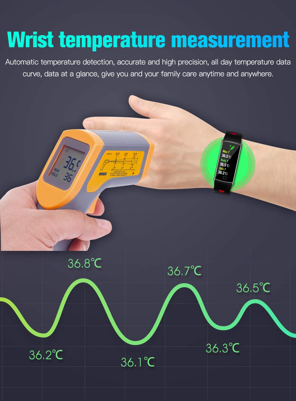 Inteligentny zegarek pomiar temperatury fitness trackery tętno pomiar ciśnienia tlenu we krwi pulsoksymetr bransoletka wodoodporny krokomierz (czarny)