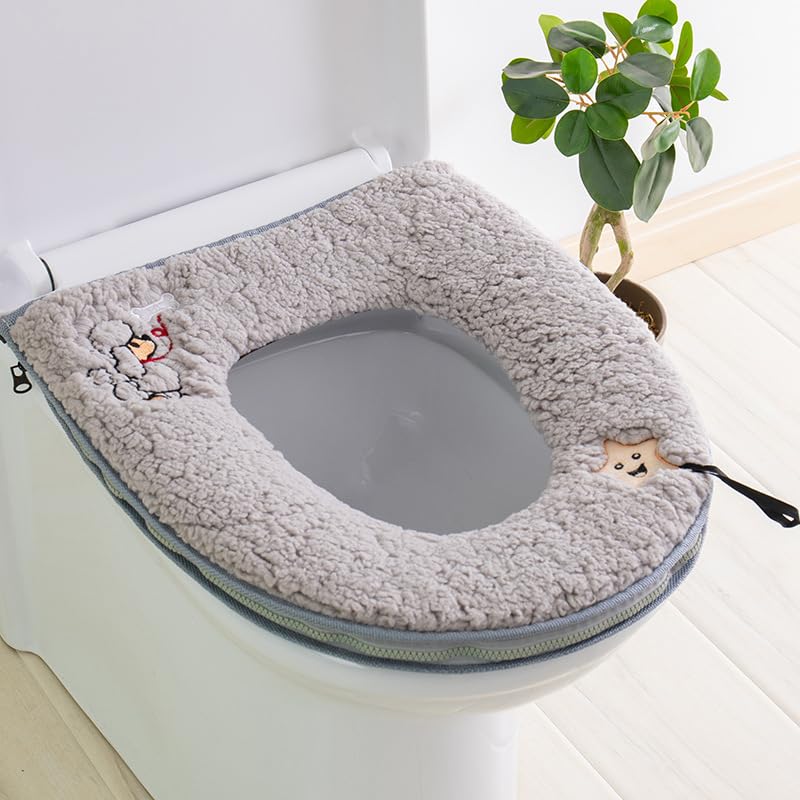 Warm Plush Washable Thicken Toilet Seat Cover Pads with Handle and Zipper for Bathroom Gray