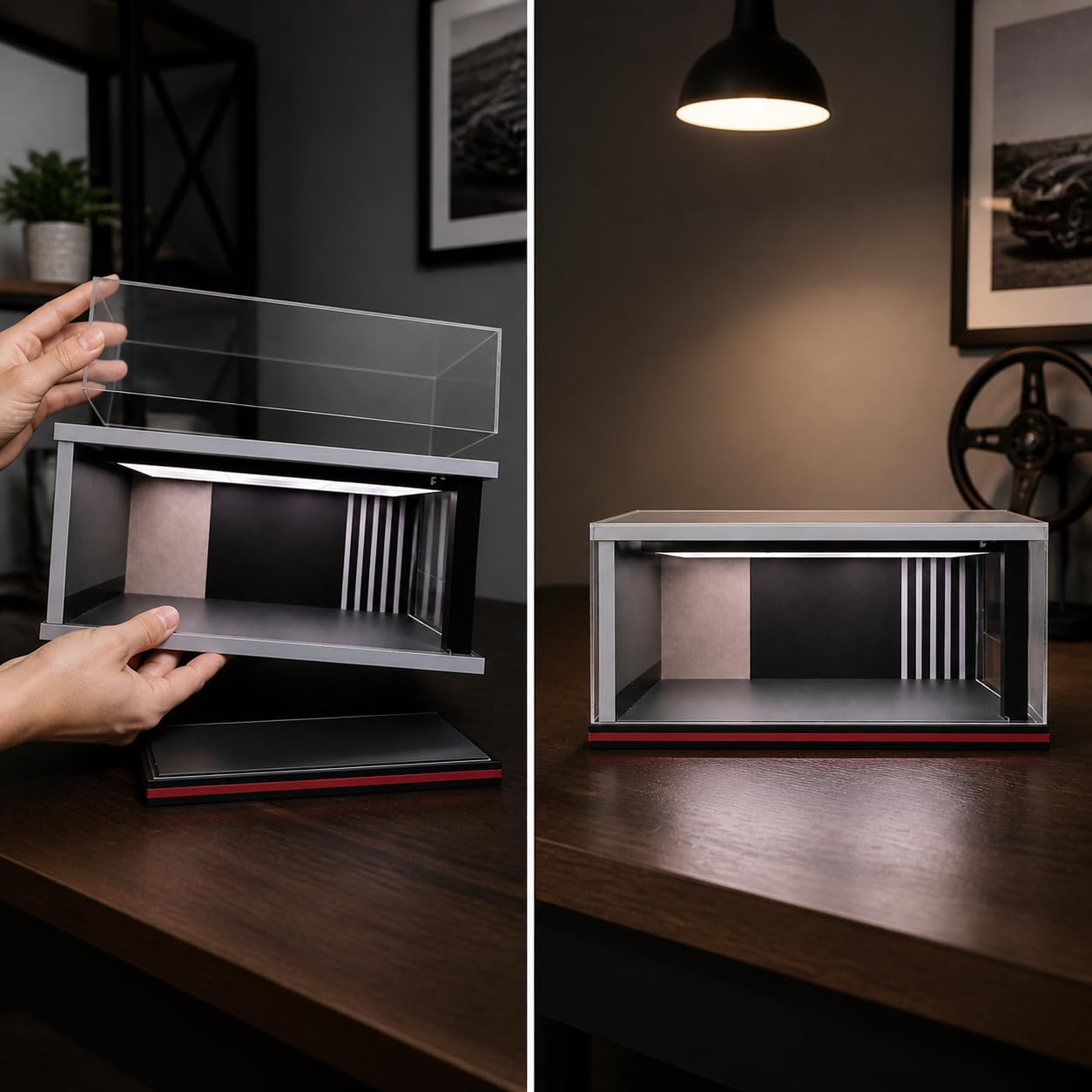 Vetrina Espositiva Modellini Auto 1:18 | Acrilico, luce a soffitto, per modellini 1:18, legno, copertura antipolvere, per ufficio