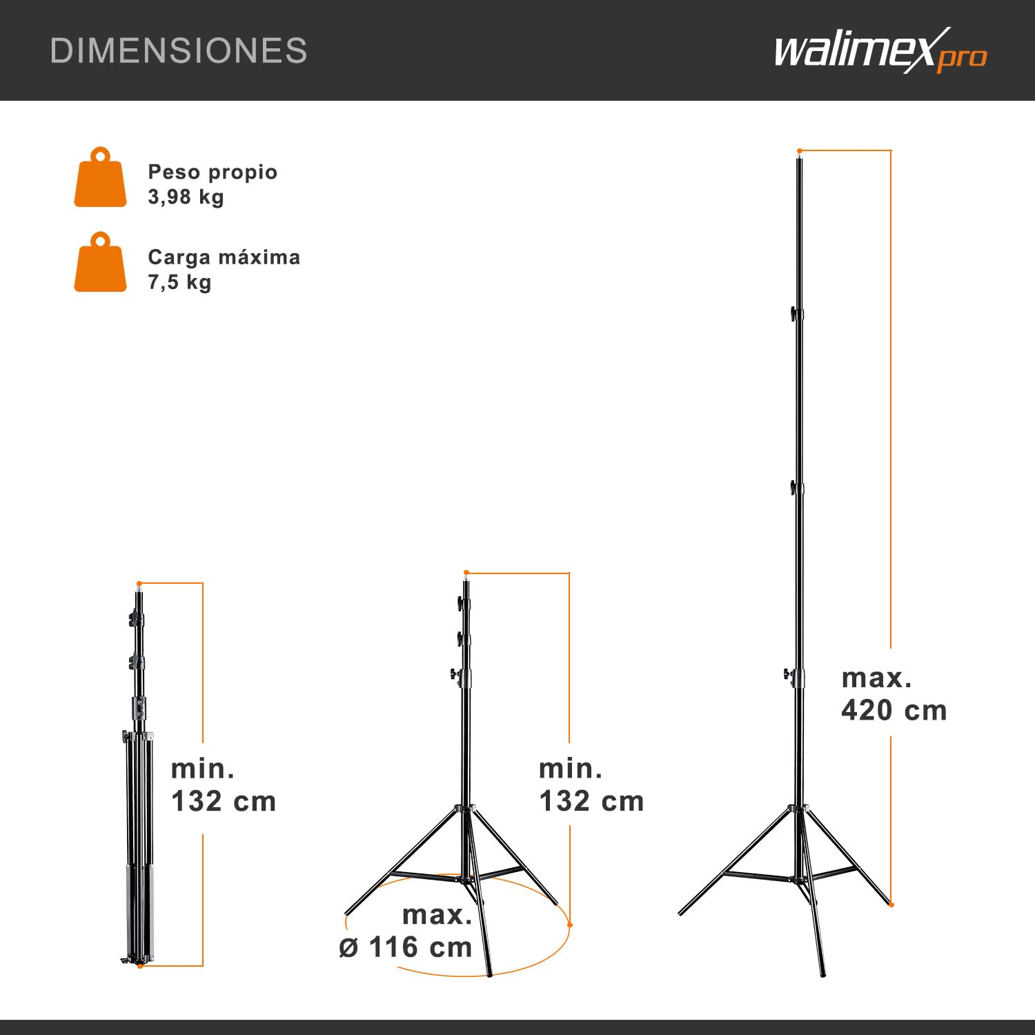 Walimex pro WT-420 Soporte de luz 420cm - Trípode con amortiguador de muelle, altura máxima 420cm, carga 7,5kg, tubos de aluminio de 40mm para el estudio de fotografía o exterior, con bolsa