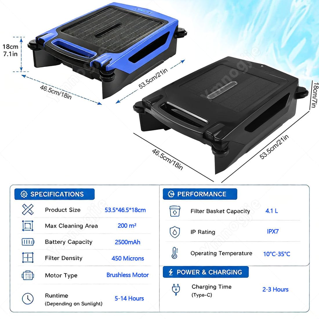 Skimmer Solar para Piscinas,Limpieza 24/7,Dos Modos Carga Blue | Robot Limpiador Superficies Piscinas,Cajón Recolector Residuos 4,1 L,Inteligente Evitar Obstáculos,para Todo Tipo Piscinas