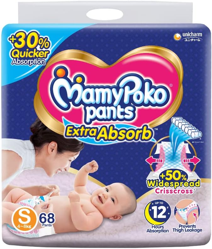 MamyPoko Pants Extra Absorb Baby Diapers, Small (S), 68 Count, 4-8 kg