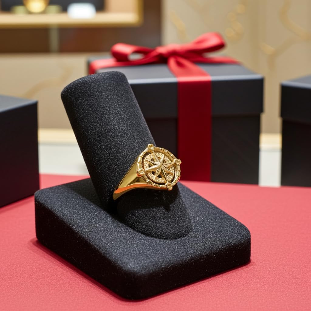 LA BLINGZ Gold Compass Ring for Women North Star Compass Rose Open Signet High Polished 10K 14K Yellow or White gold