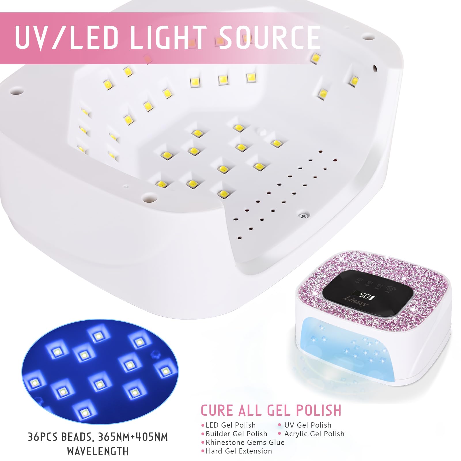 Linssy - Lampada per unghie ricaricabile UV/LED con sensore automatico, asciugatore per unghie in gel portatile senza fili con luce a 4 temporizzazioni e display LCD a diamante, luce UV per unghie in