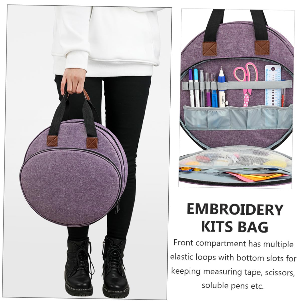 Sewroro Embroidery Tool Tote Embroidery Kit Storage Pouch Elastic Bands Zipper Pocket for Traveling