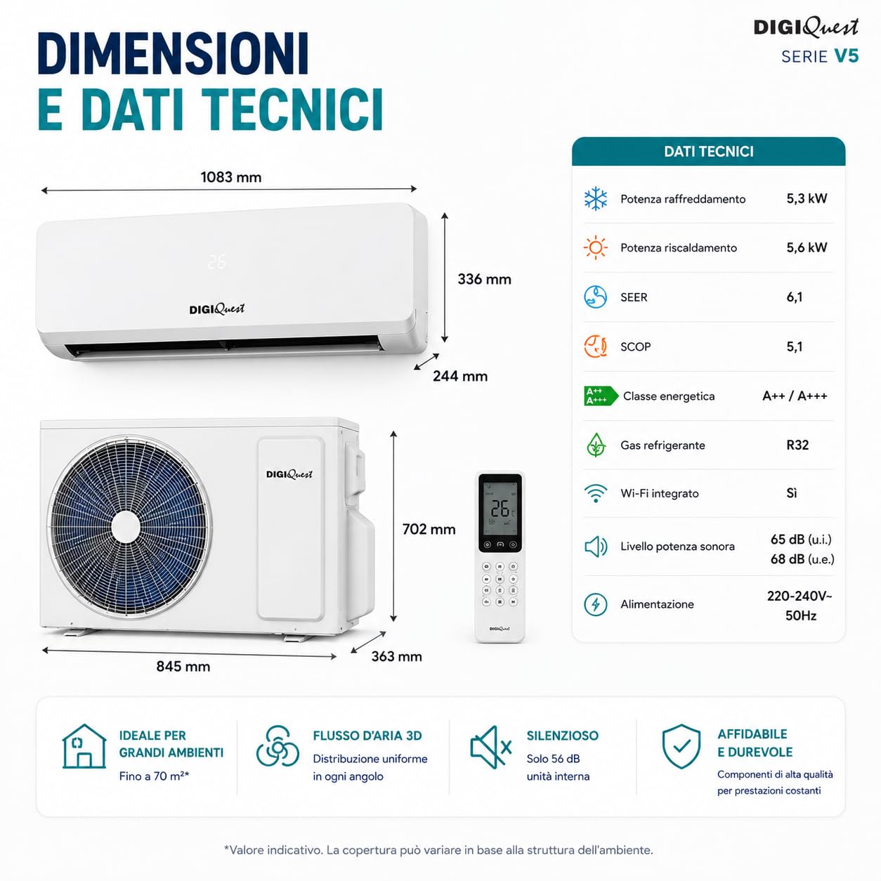 Climatizzatore Digiquest Inverter V5 18000BTU | Wi-Fi integrato | R32 | Classe A++ Raffreddamento/A+++ Riscaldamento | I FEEL | Flusso d’aria 3D | TURBO | Notte | SEER 6,1 | SCOP 5,1 | CLIMA00064