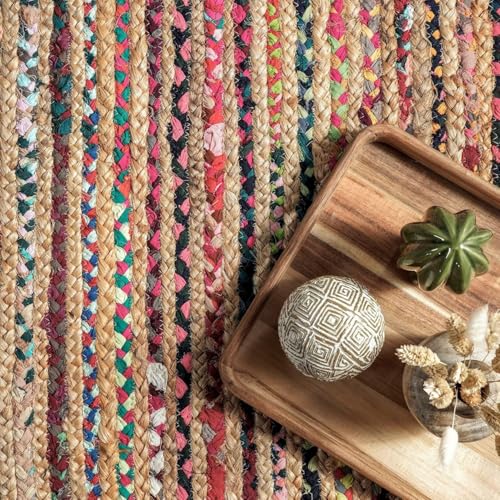 Image of Rounds Jute Carpet - Handwoven Natural Fiber Rug for Living Room, Bedroom, Entryway | Boho Chic Eco-Friendly Area Rug | Rustic Designer Floor Mat:-(Chindi & Jute, 6x6 feet